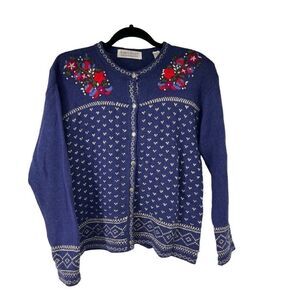 Vintage Karen Scott Blue Floral Crewel‎ Embroidered Button Up Cardigan Women’s M